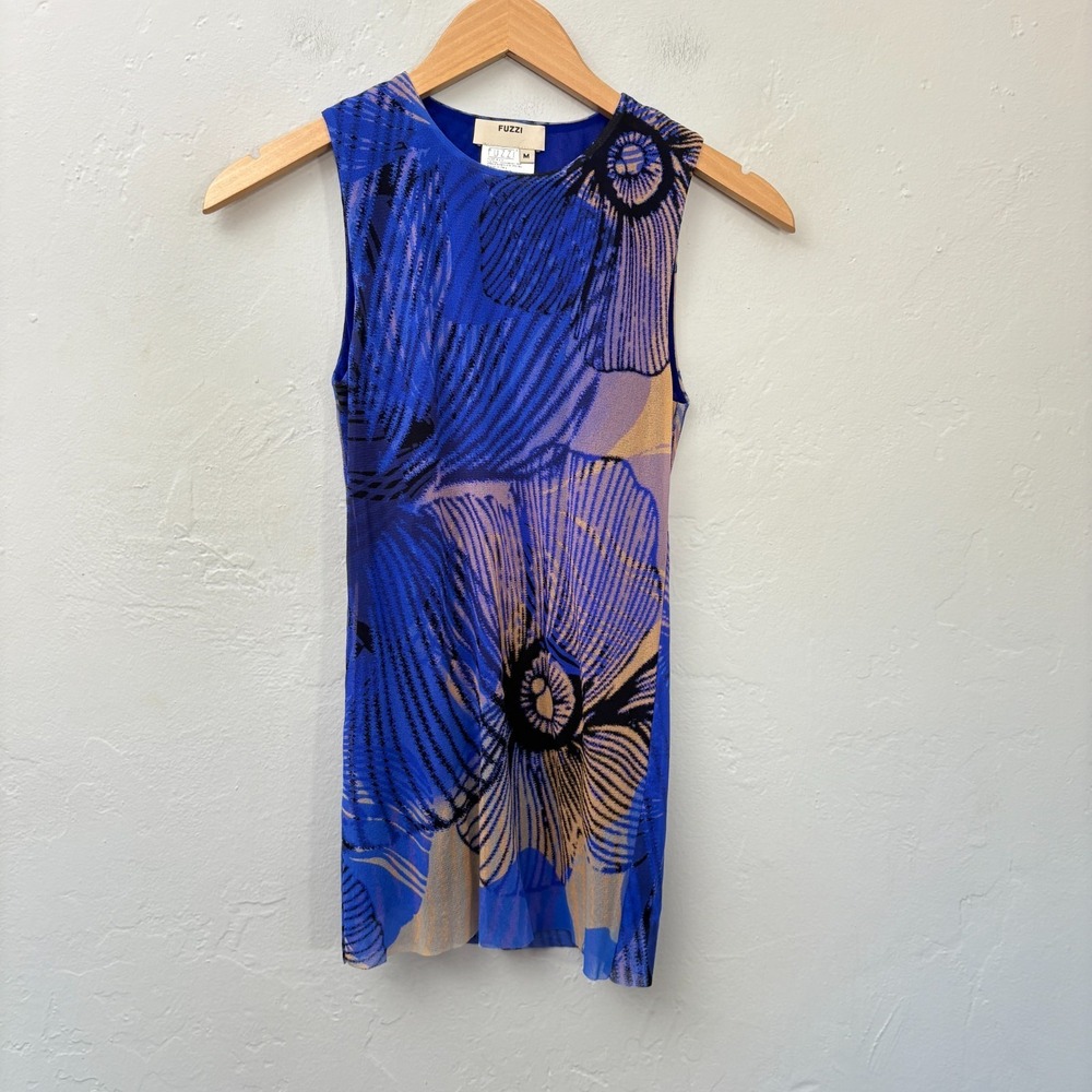 Fuzzi Floral Tank Top Women Size Medium Blue Sleeveless Mesh